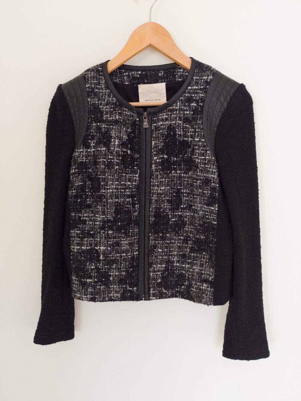 Rebecca Taylor Dalia Black Tweed Faux Leather Quilted Moto Jacket Size 8
